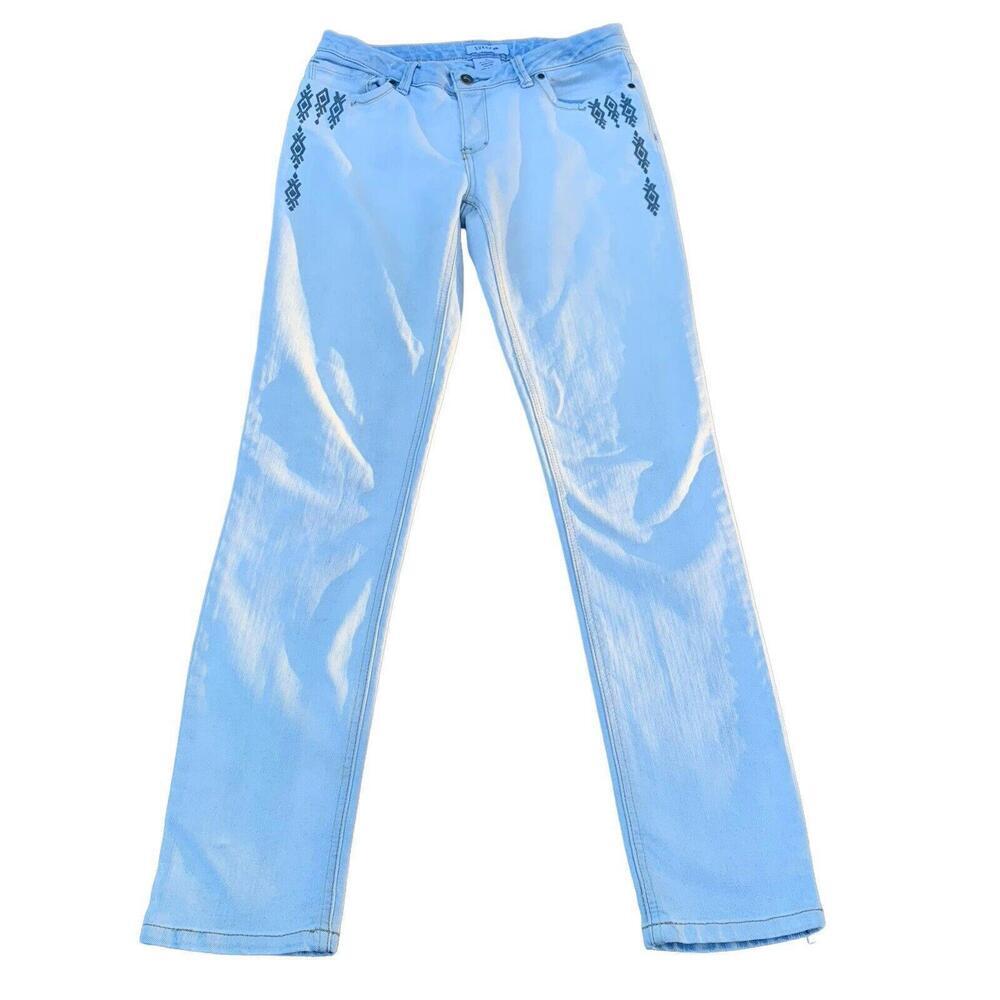 Suko Jeans Womens Bleached Embroidered Light Wash Blue Denim Pants Size …